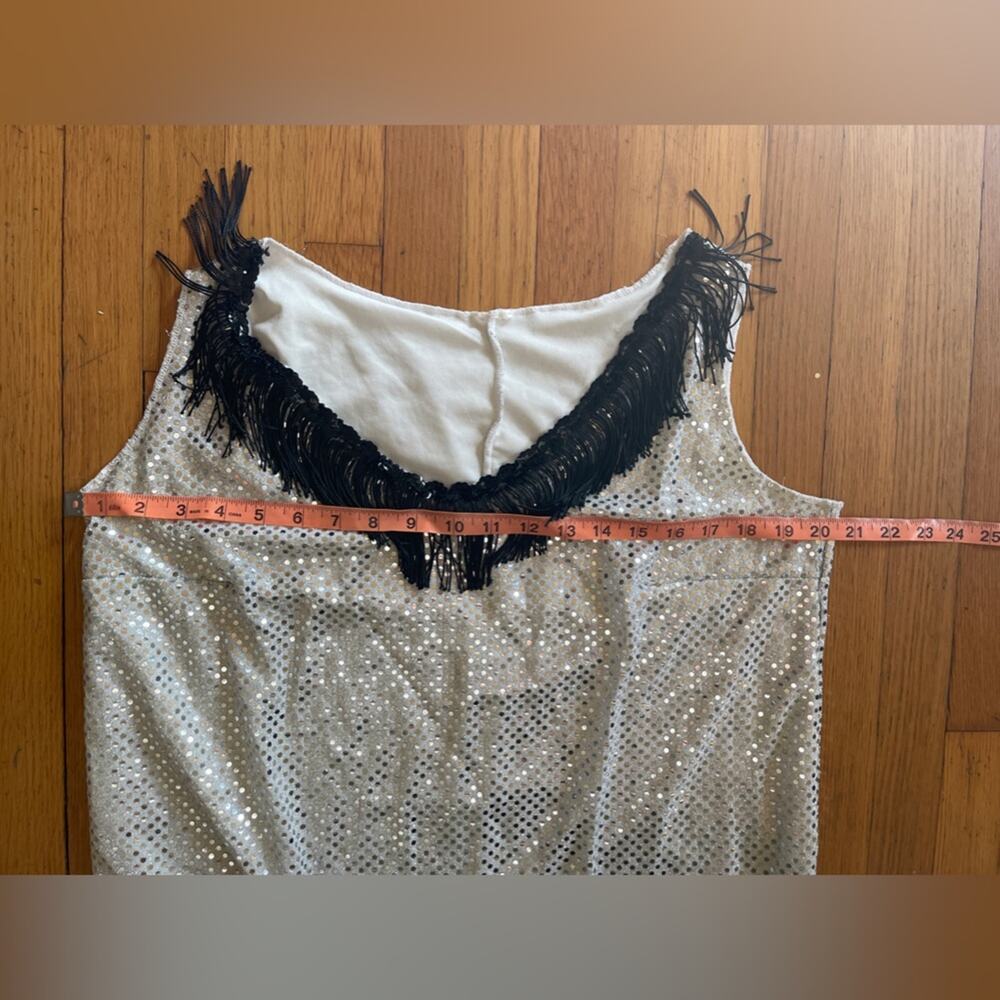 90s Vintage Silver Mirror Sequin Mini Dress with Black Fringe - Picture 3 of 6